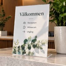 Menyhållare i akryl på receptionsdisk som informatiosskylt
