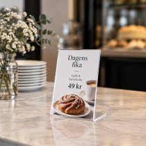 A6 menyhållare i akryl placerad på bord.