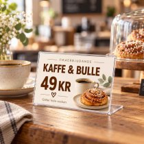 Liten menyhållare i akryl som prisskylt på bord