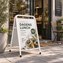Vit gatupratare med affischreklam för dagens lunch