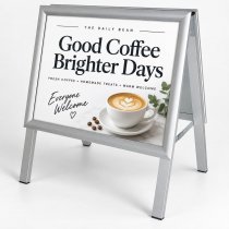 Gatupratare en mini sign med reklam för café