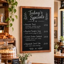 Ljusbrun ram på griffeltavla i café med dagens meny