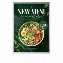 LED Lightbox A1 – belyst menytavla med silverram och meny för restaurang