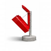 Röd papperskorg med lock och tilt monterad på fundament