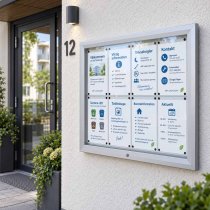 Informationstavla monterat utomhus vid entré i Låsbart skyltskåp för 8 x A4