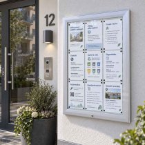 Informationstavla monterat utomhus vid entré i Vädertåligt låsbart skyltskåp