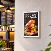 Affischram med silver snäppram på restaurang