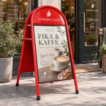Rött toppställ som gatupratare utanför café