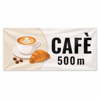 Färdig cafébanderoll med texten Café 500 m på ljus bakgrund
