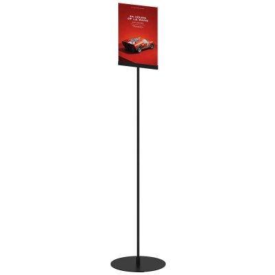 Elegant svart skylthållare med metallfot A4 för butiksdisplay